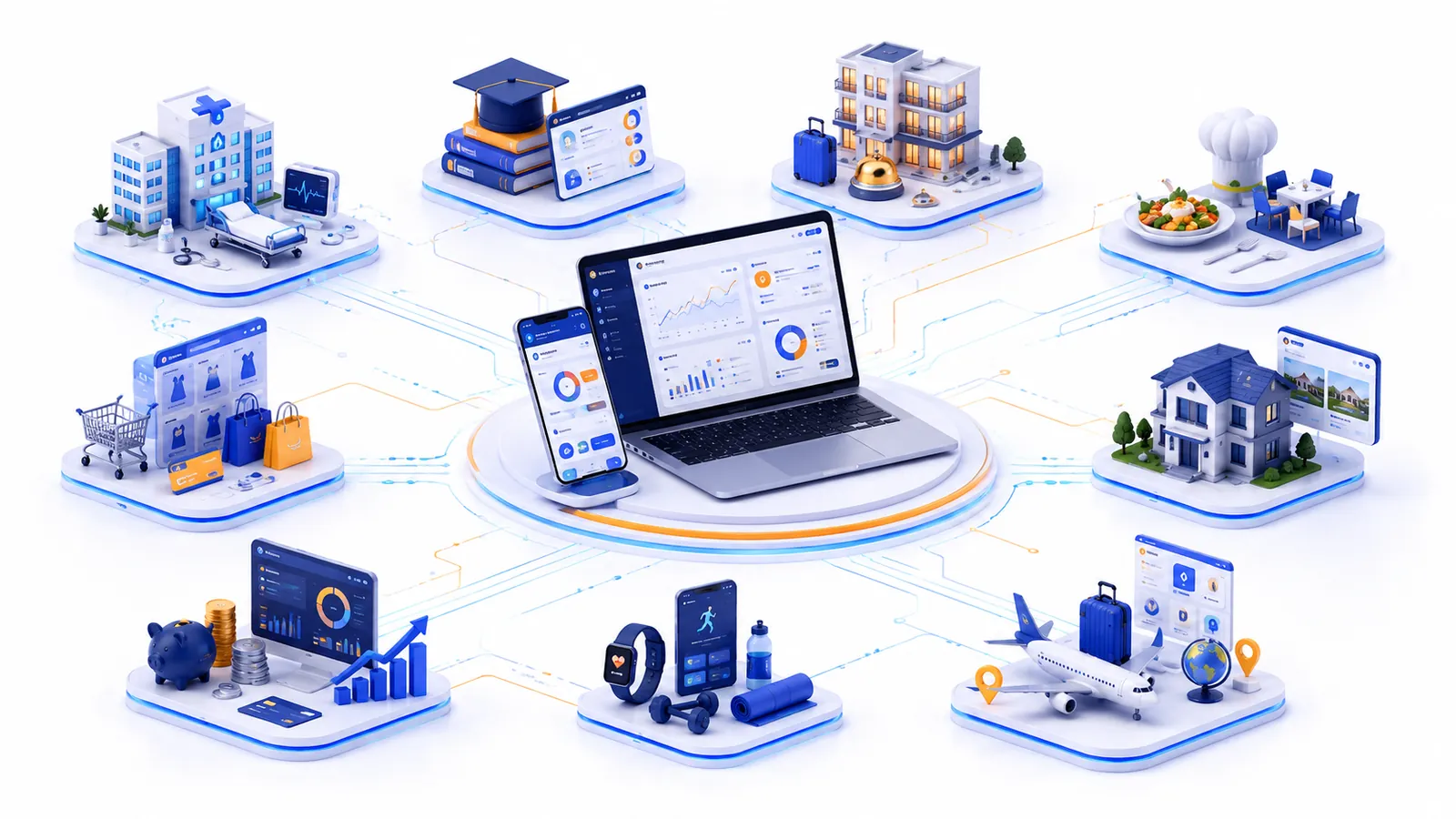 A 3D illustration of healthcare, education, hotel, restaurant, e-commerce, real estate, finance, fitness and travel businesses connected to a central app and website dashboard