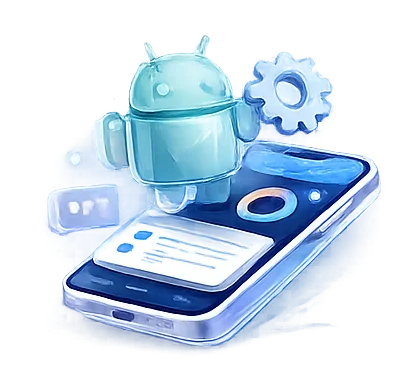 3D illustration of Android app development showing a smartphone, the Android robot and a settings gear