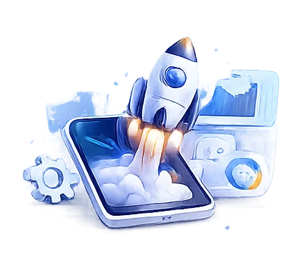 3D illustration of an app launch showing a rocket taking off from a smartphone screen