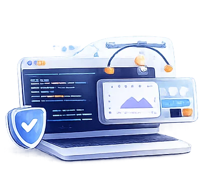 3D illustration of custom software development showing a laptop with code, an analytics panel and a security shield