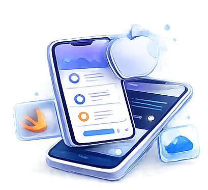 3D illustration of iOS app development showing an iPhone interface with the Apple logo and cloud icons
