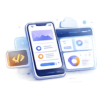 3D illustration of UI and UX design showing a mobile app screen, a dashboard and a code symbol