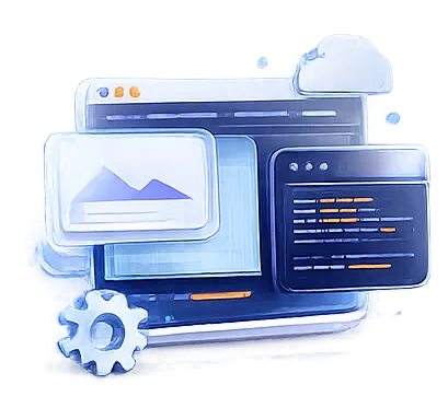 3D illustration of website development showing browser windows, a code editor and a settings gear